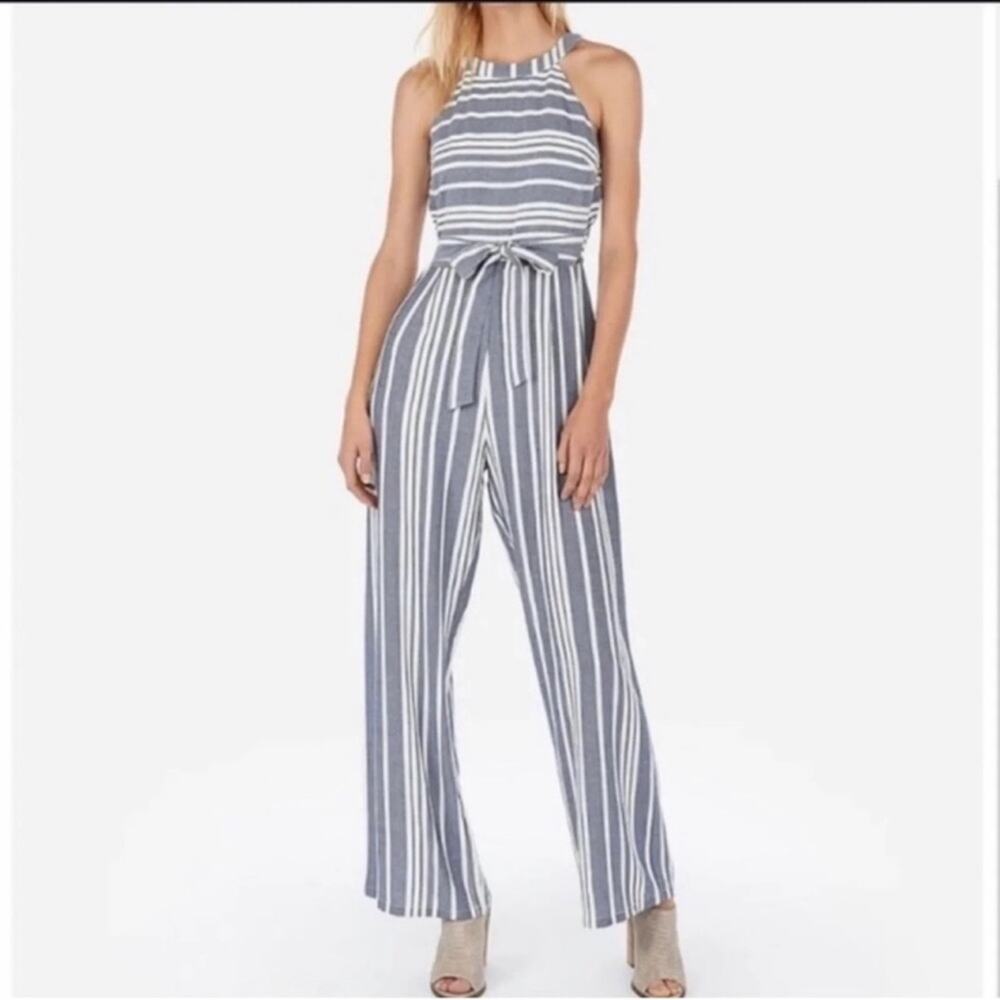 Express white/blue cotton blend striped wide leg high neck jumpsuit‎ NWT Size S